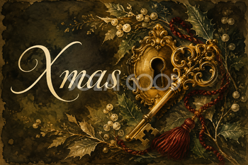 古い鍵と冬の葉飾り｜おしゃれなXmasメッセージカード・フレームに飾れる無料イラスト96614