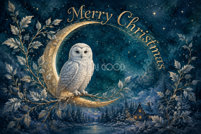 白いフクロウと金の三日月｜おしゃれなMerry Christmasメッセージカード・フレームに飾れる無料イラスト96617