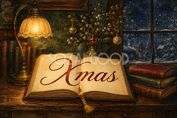 深緑の読書机と冬の窓｜おしゃれなXmasメッセージカード・フレームに飾れる無料イラスト96618