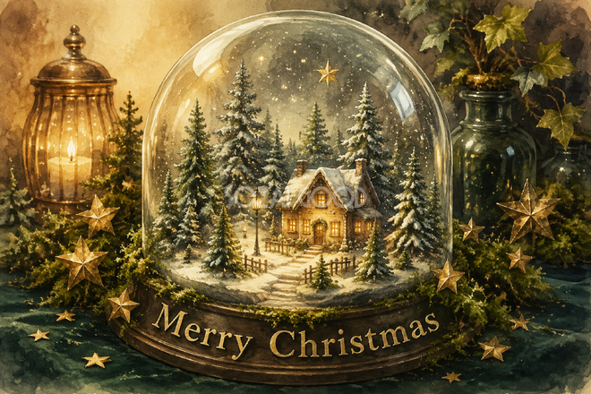 ガラスドームの小さな冬の森|おしゃれなMerry Christmasメッセージカード・フレームに飾れる無料イラスト96619