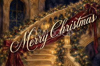金の階段と流れるリボン｜おしゃれなMerry Christmasメッセージカード・フレームに飾れる無料イラスト96621