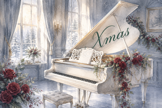 白いピアノと深紅の冬バラ｜おしゃれなXmasメッセージカード・フレームに飾れる無料イラスト96622