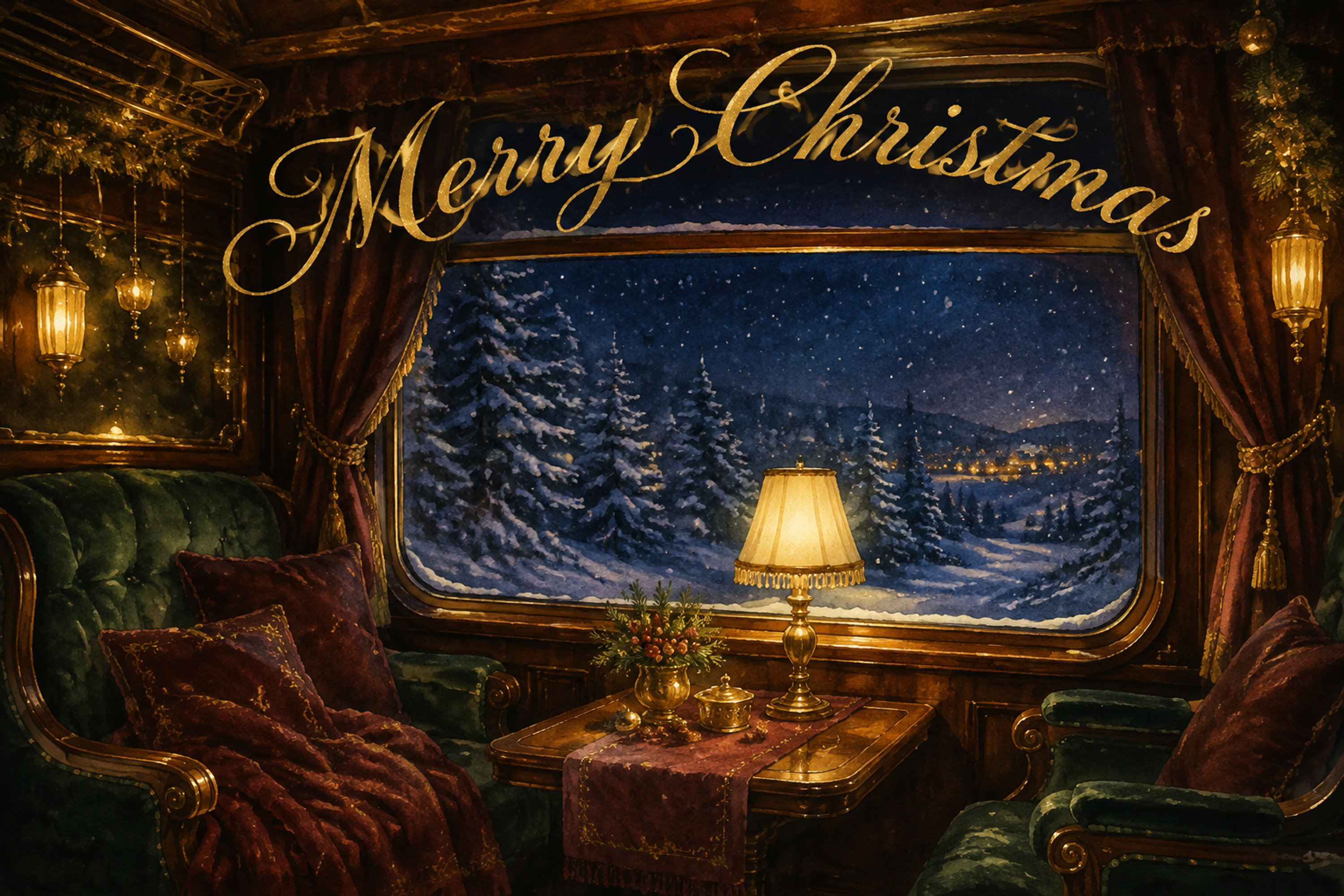 夜行列車の窓と雪景色｜おしゃれなMerry Christmasメッセージカード・フレームに飾れる無料イラスト96623に写真・文字を入れる