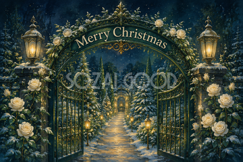 真夜中の庭園ゲート｜おしゃれなMerry Christmasメッセージカード・フレームに飾れる無料イラスト96625