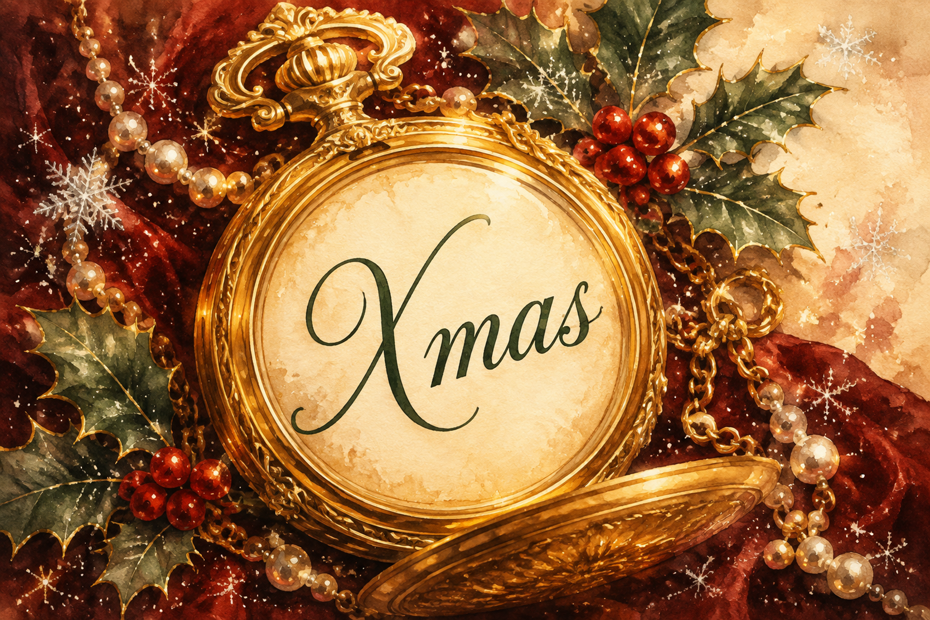 金の懐中時計と柊｜おしゃれなXmasメッセージカード・フレームに飾れる無料イラスト96626に写真・文字を入れる