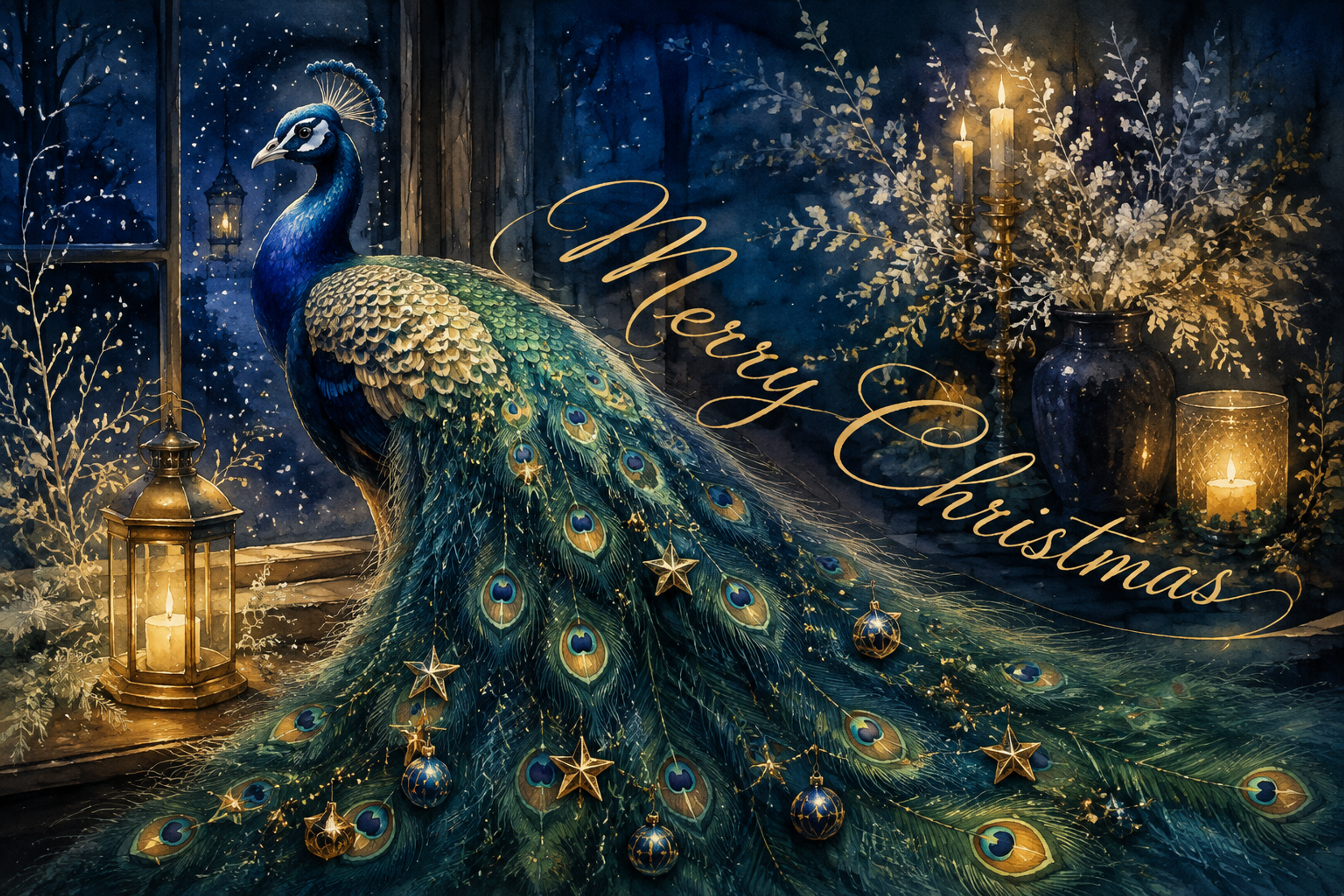 青緑の孔雀と金の飾り羽｜おしゃれなMerry Christmasメッセージカード・フレームに飾れる無料イラスト96627に写真・文字を入れる