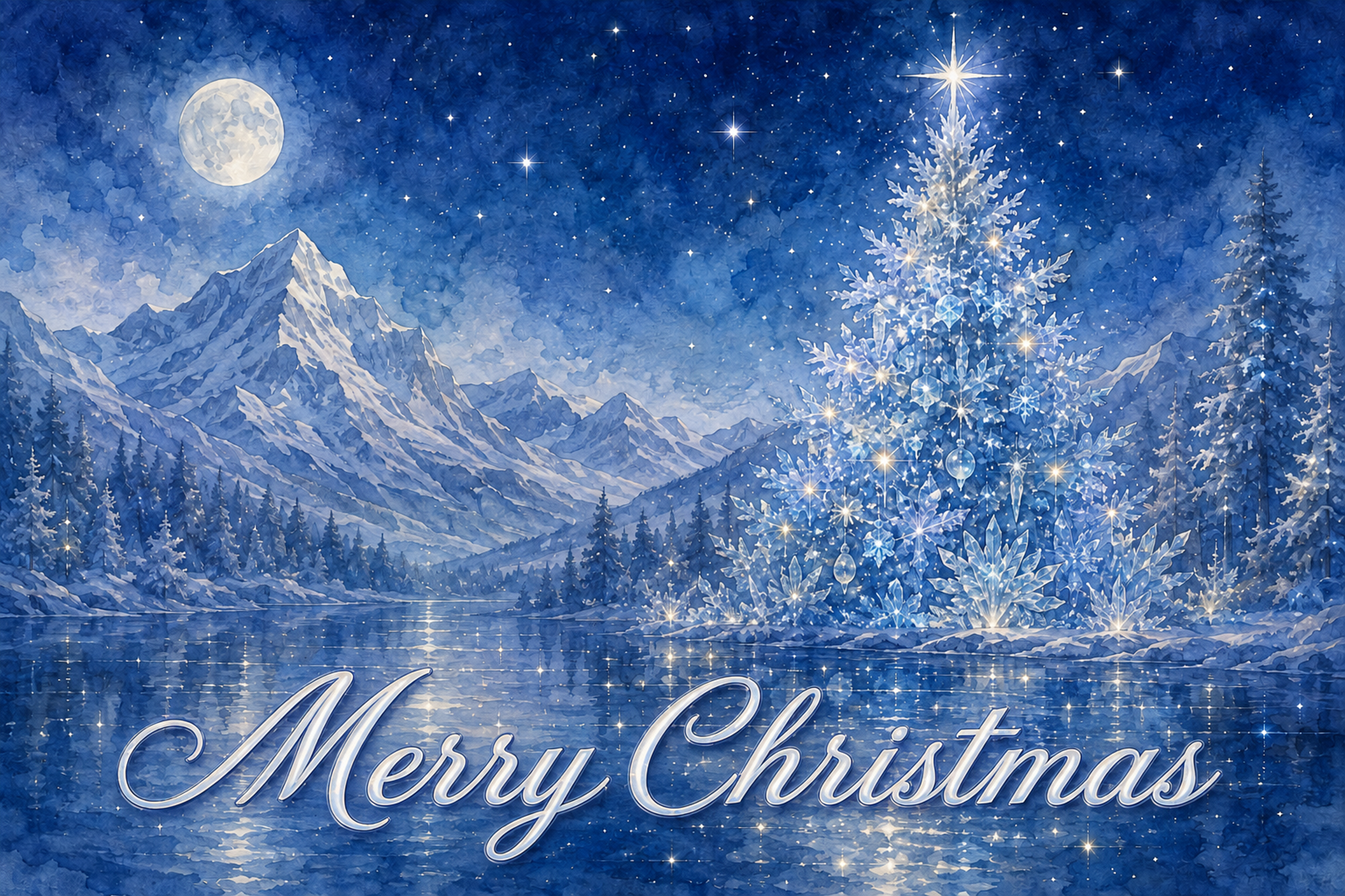 氷晶ツリーと湖面の輝き｜おしゃれなMerry Christmasメッセージカード・背景に飾れる無料イラスト96632に写真・文字を入れる