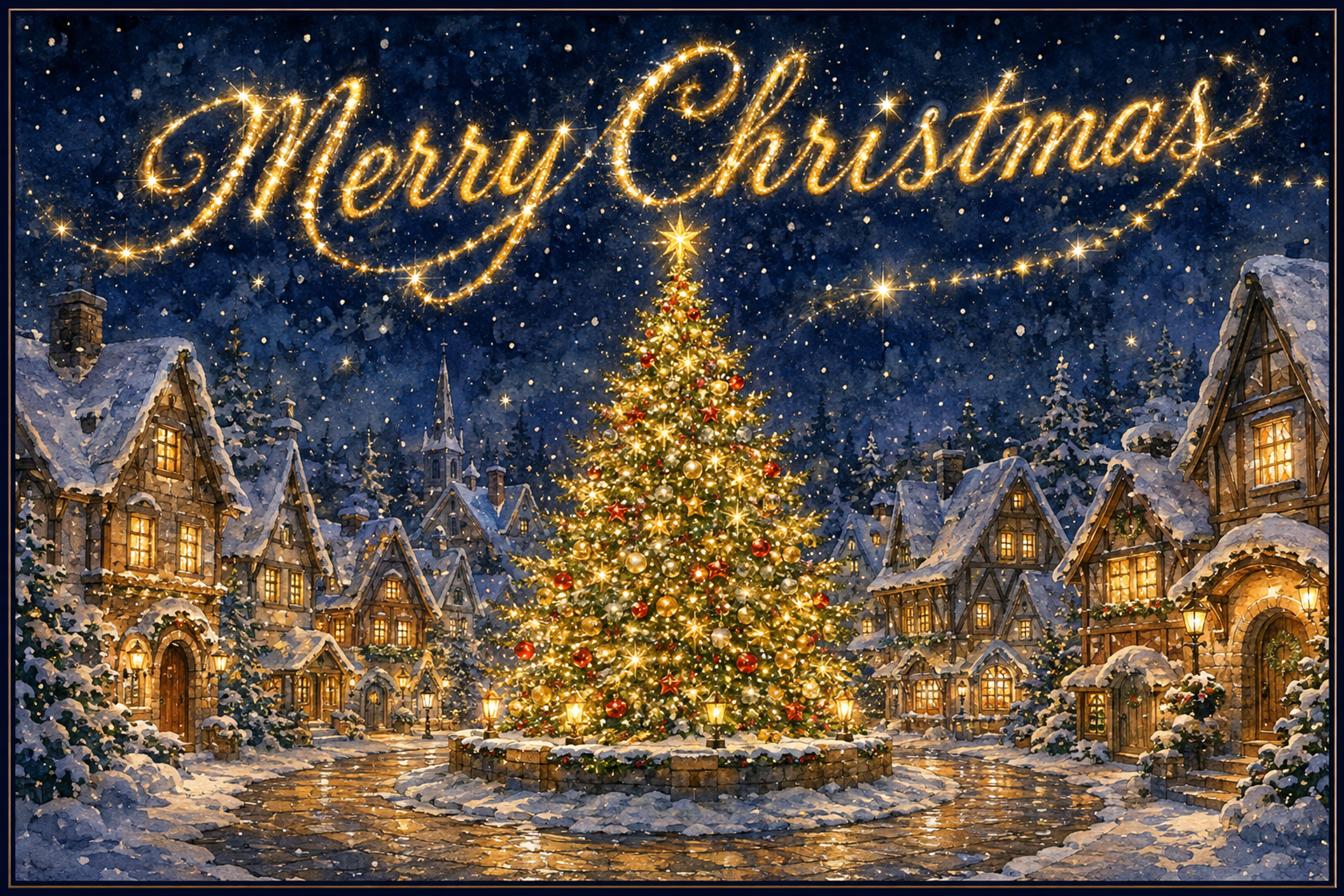 雪の小道と村のきらめくツリー｜おしゃれなMerry Christmasメッセージカード・背景に飾れる無料イラスト96636に写真・文字を入れる