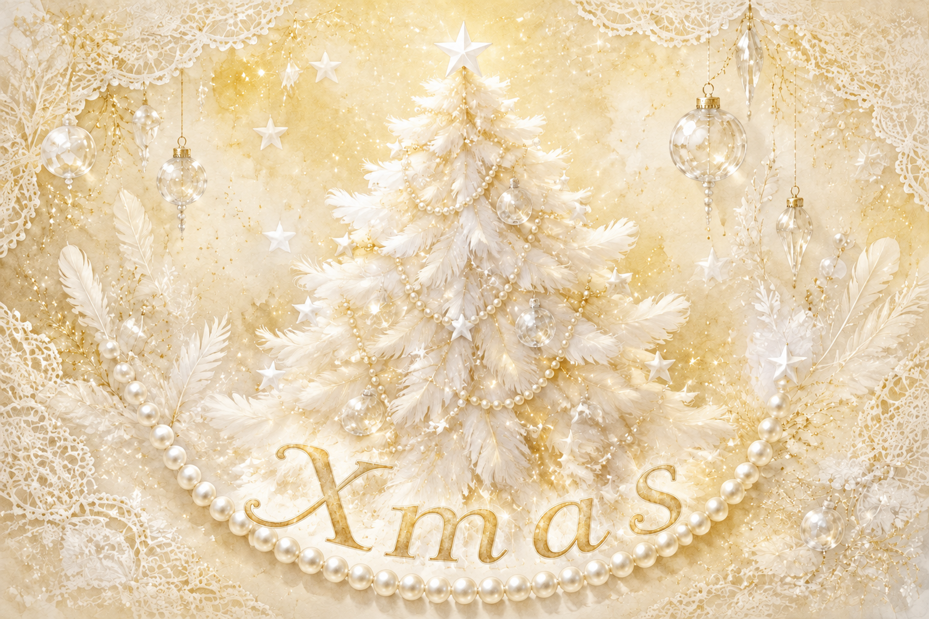 白い羽根と真珠のツリー｜おしゃれなXmasメッセージカード・背景に飾れる無料イラスト96639に写真・文字を入れる