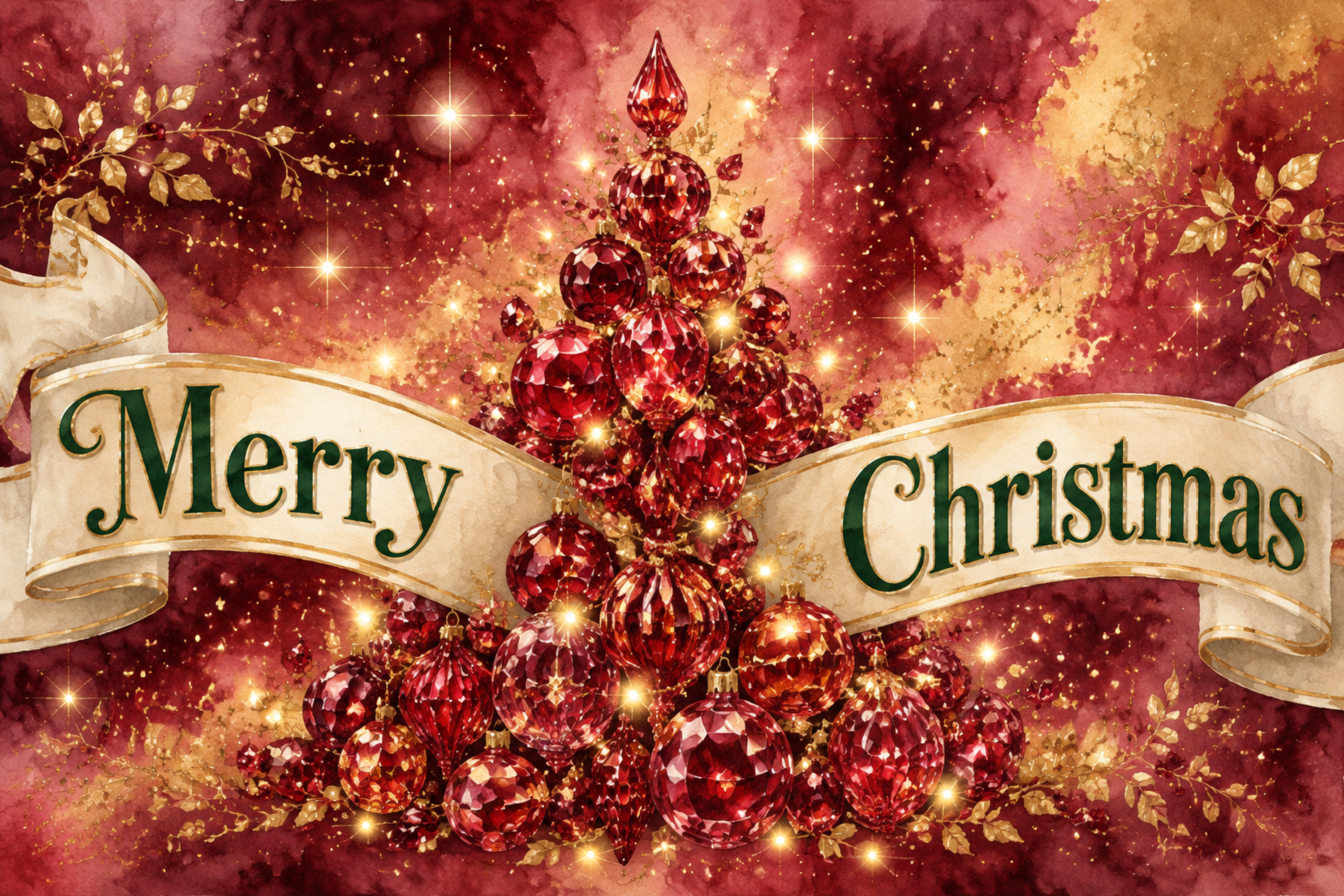 ルビーの飾り玉でできたツリー｜おしゃれなMerry Christmasメッセージカード・背景に飾れる無料イラスト96640に写真・文字を入れる