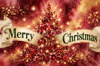 ルビーの飾り玉でできたツリー｜おしゃれなMerry Christmasメッセージカード・背景に飾れる無料イラスト96640