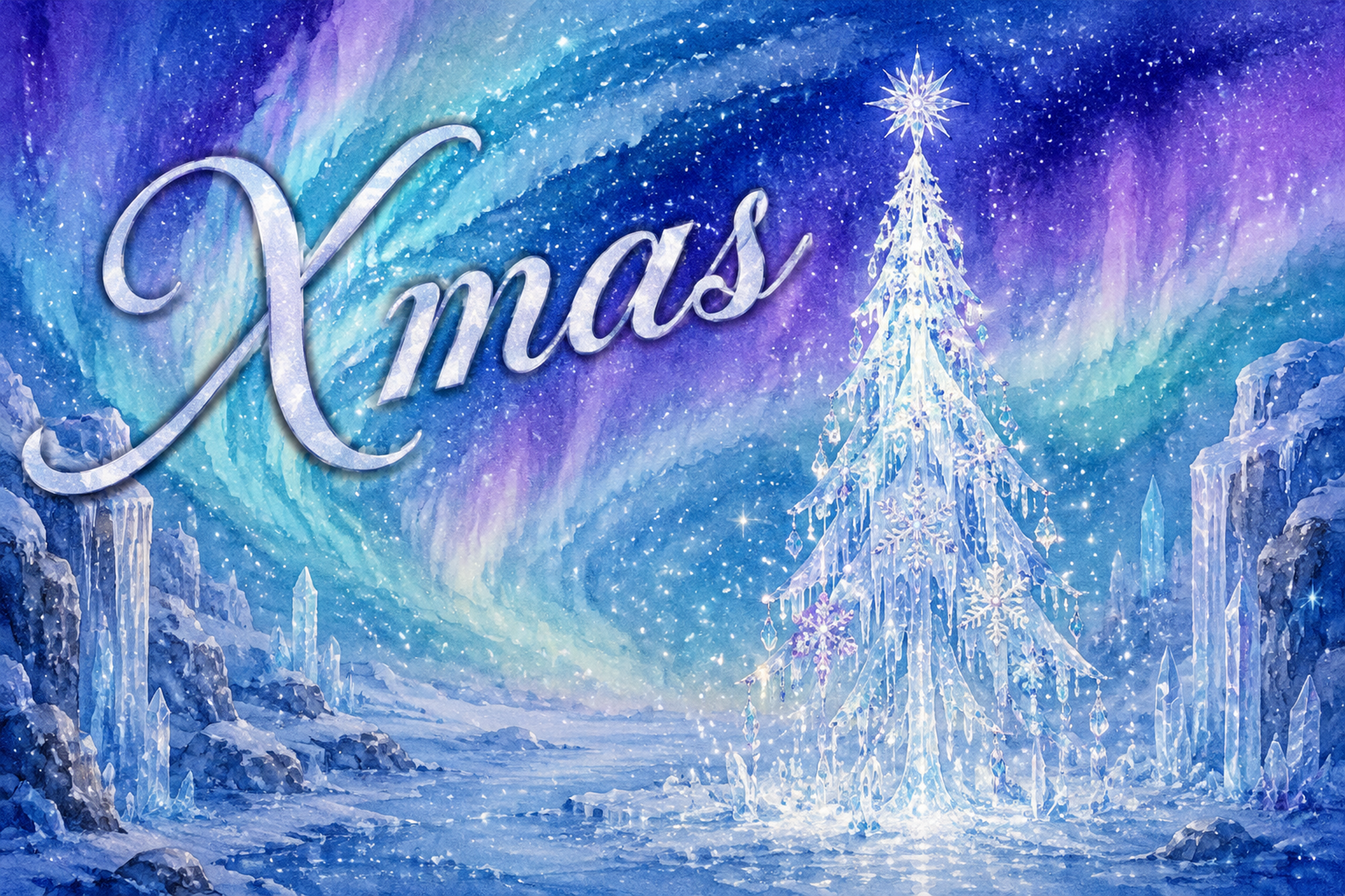 オーロラに輝く氷のツリー｜おしゃれなXmasメッセージカード・背景に飾れる無料イラスト96641に写真・文字を入れる