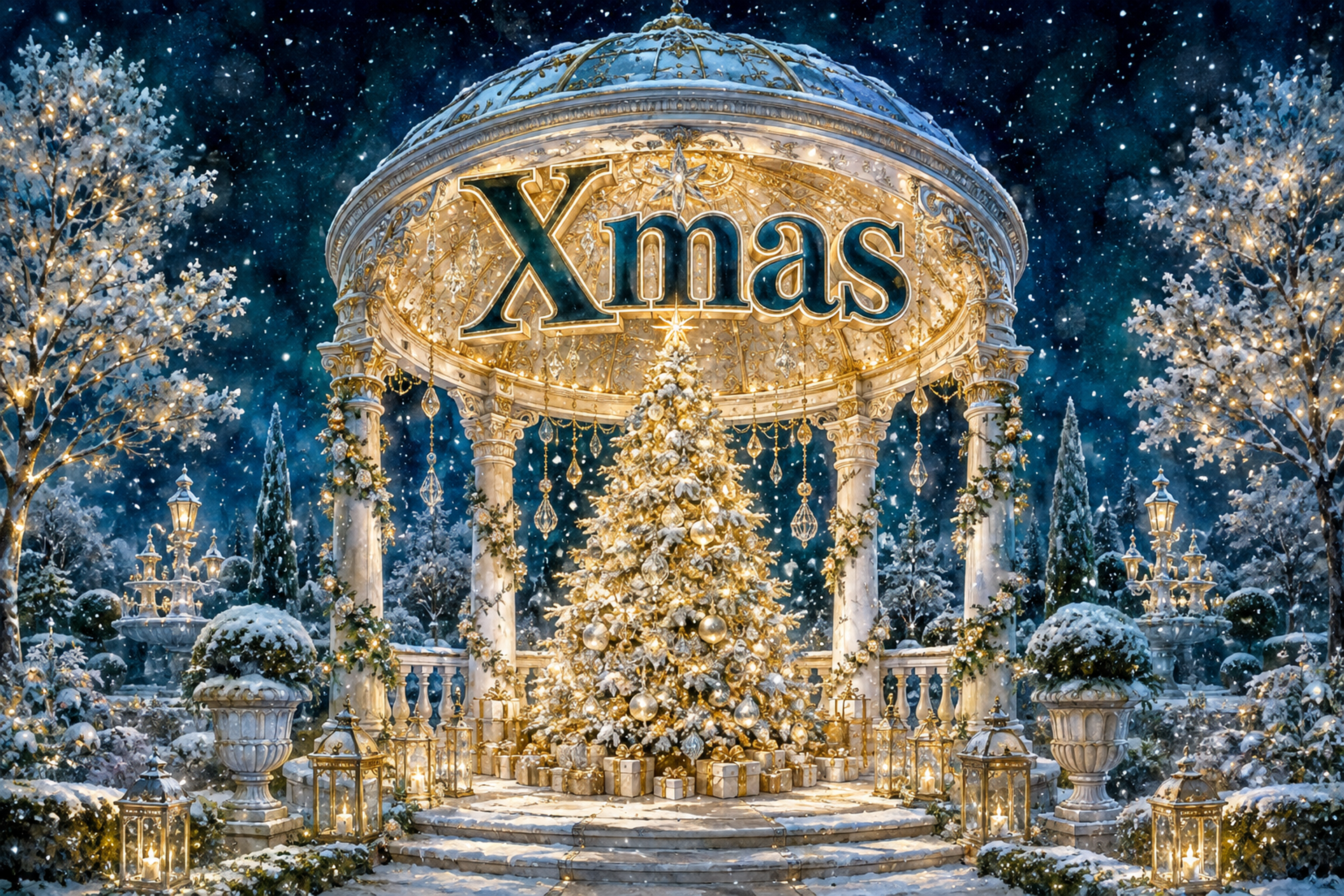 雪のガゼボと星明かりのツリー｜おしゃれなXmasメッセージカード・背景に飾れる無料イラスト96643に写真・文字を入れる
