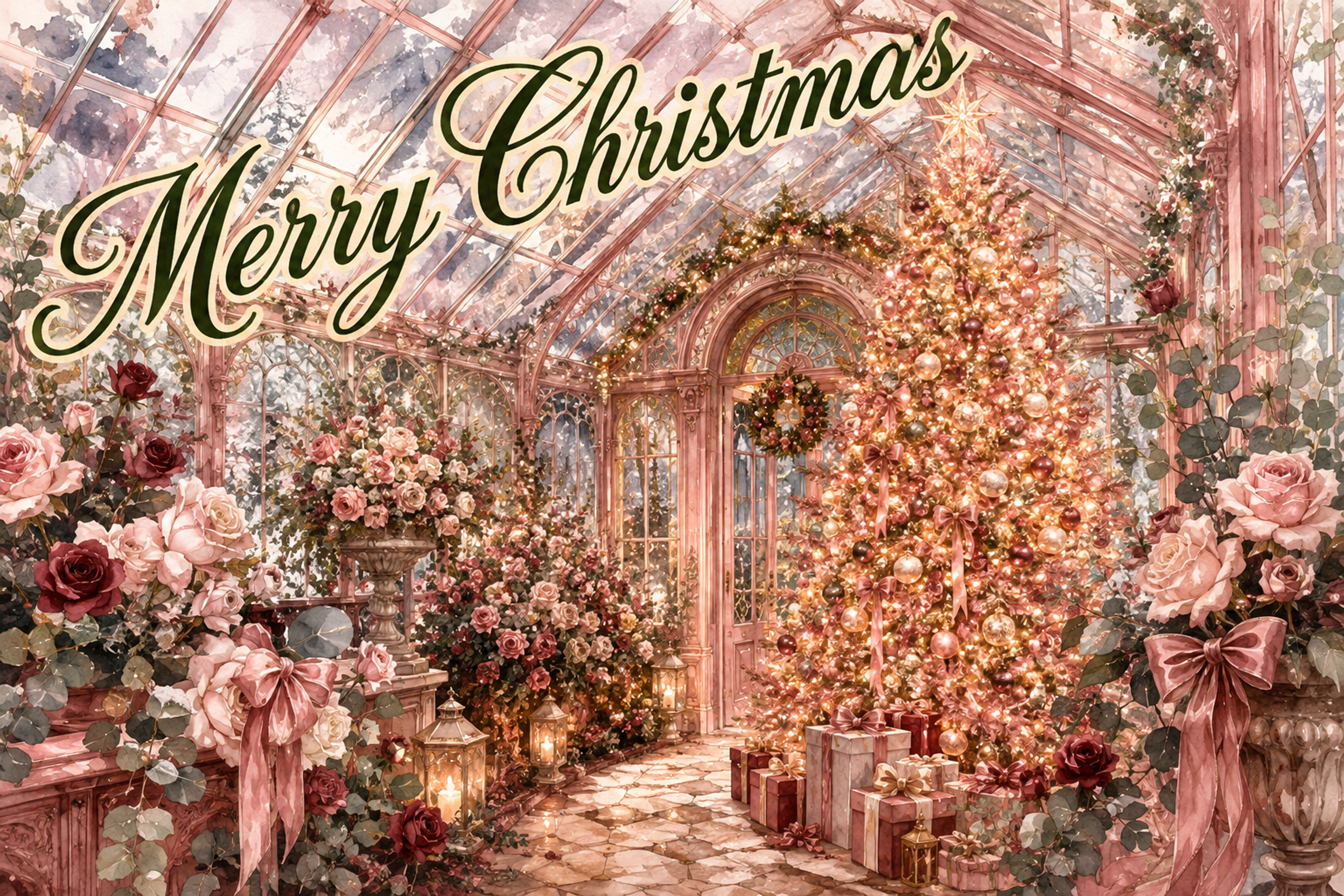 冬バラの温室とローズ色のツリー｜おしゃれなMerry Christmasメッセージカード・背景に飾れる無料イラスト96644に写真・文字を入れる