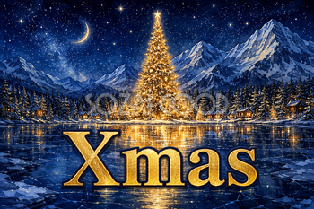 真夜中の湖に映る光のツリー｜おしゃれなXmasメッセージカード・背景に飾れる無料イラスト96645
