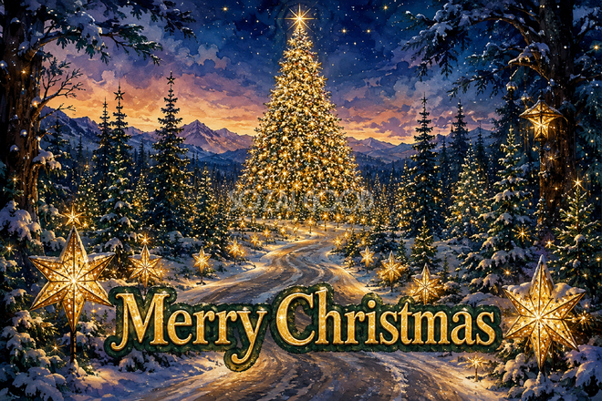 星灯りの小道と森のツリー|おしゃれなMerry Christmasメッセージカード・背景に飾れる無料イラスト96646