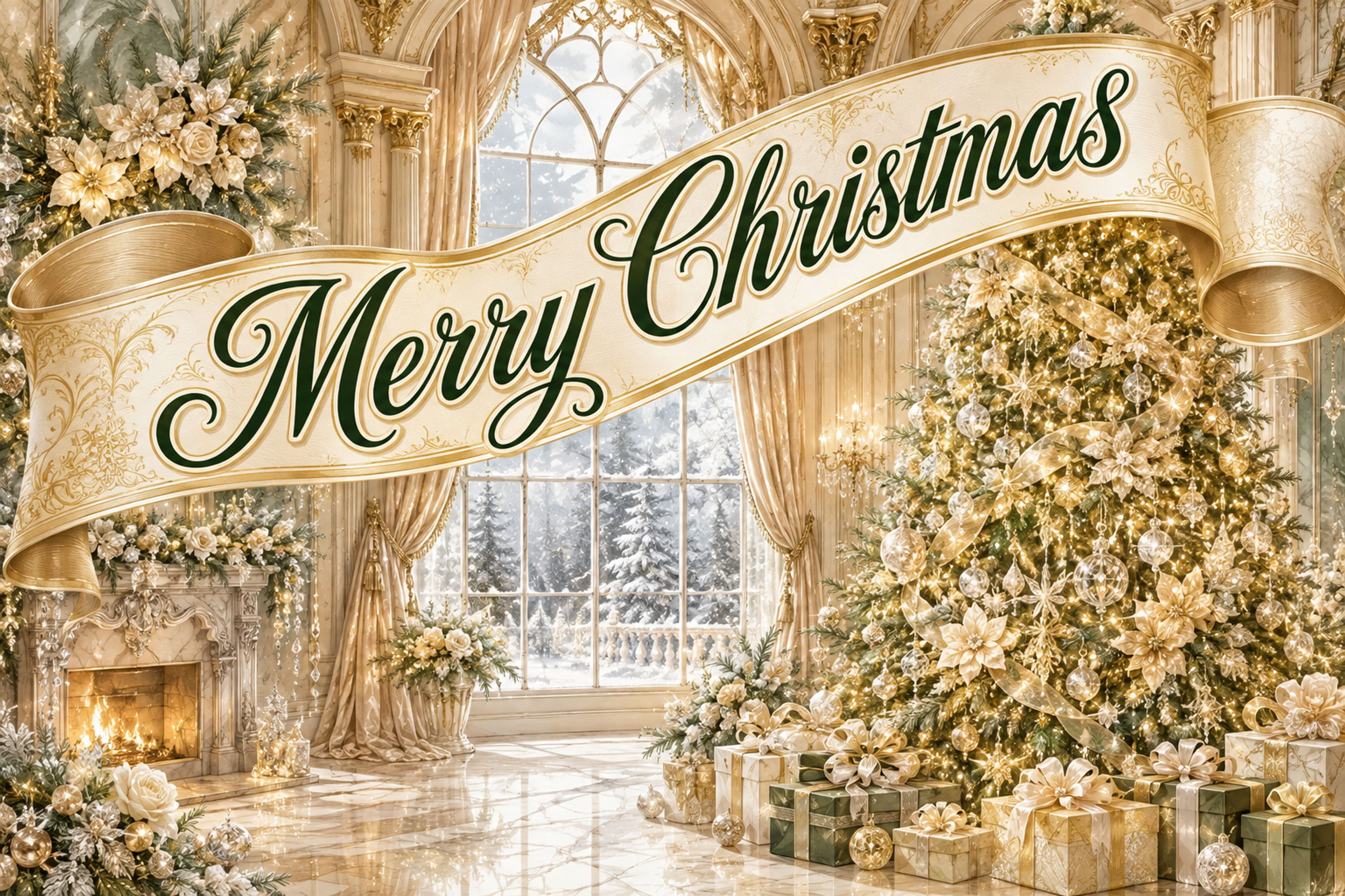 宮殿窓とシャンパンツリー｜おしゃれなMerry Christmasメッセージカード・背景に飾れる無料イラスト96648に写真・文字を入れる