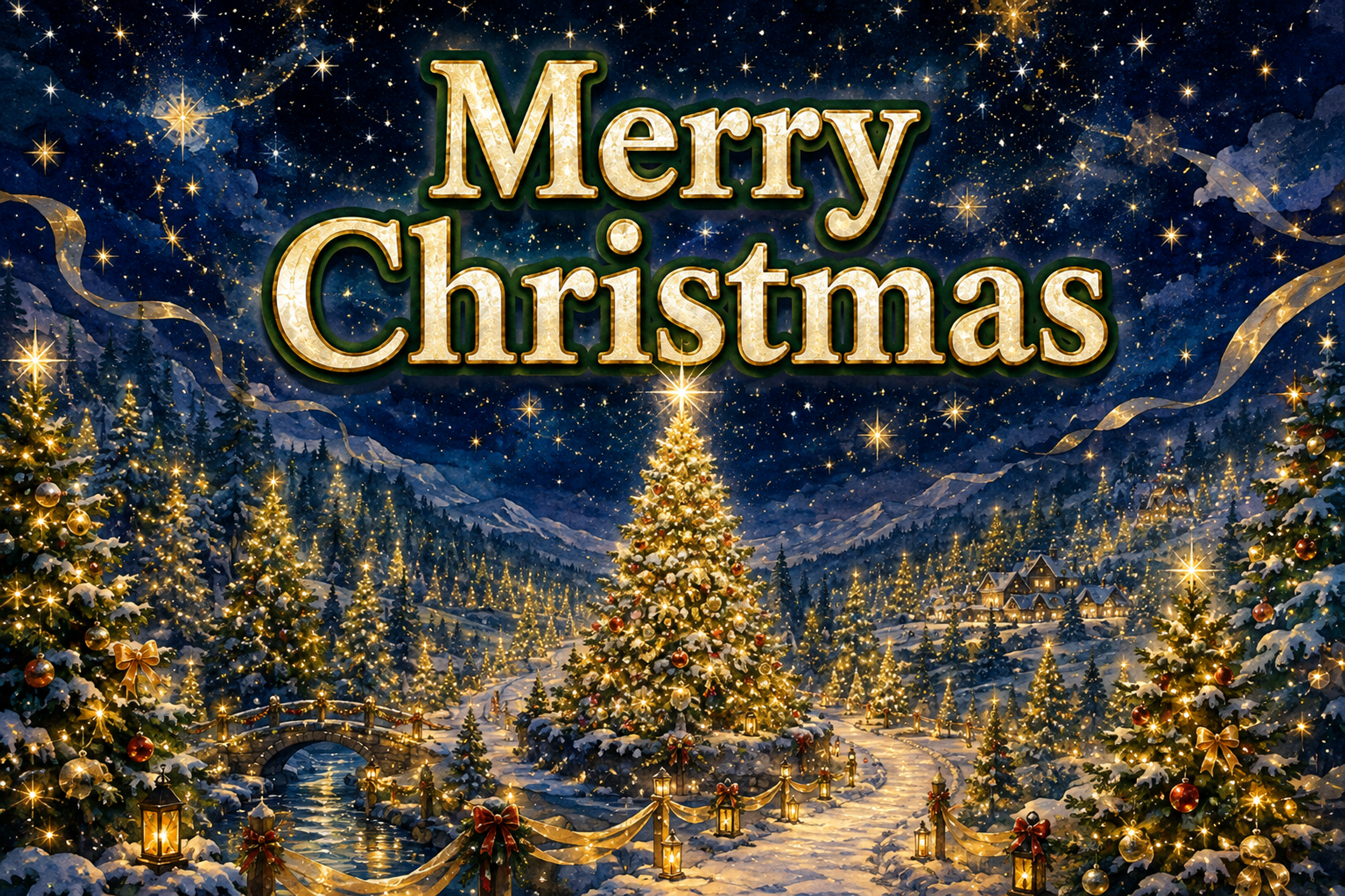 光の森と無数のクリスマスツリー｜おしゃれなMerry Christmasメッセージカード・背景に飾れる無料イラスト96649に写真・文字を入れる