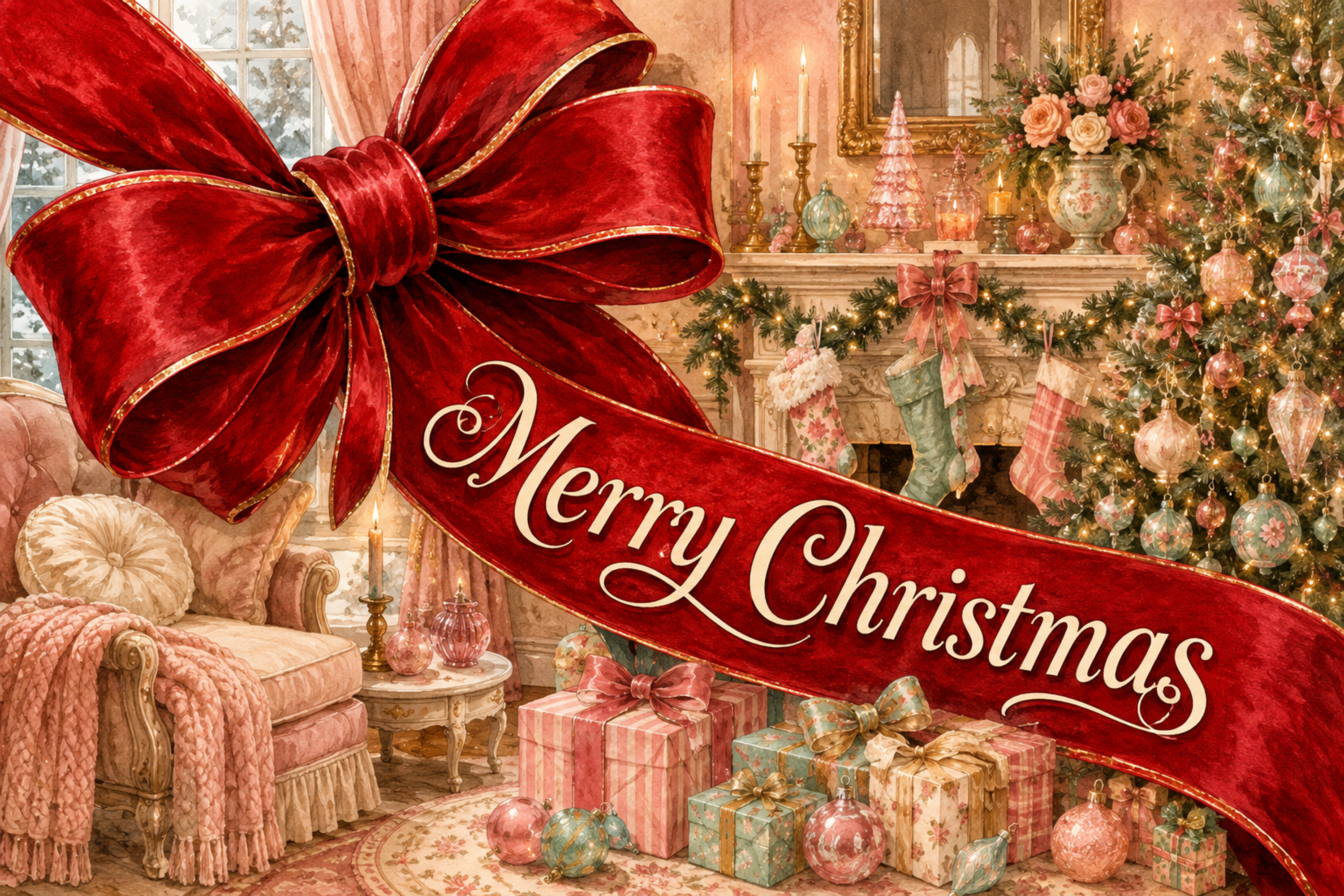 大きな赤いリボンと祝祭の部屋｜おしゃれなMerry Christmasメッセージカード・背景付き無料イラスト96651に写真・文字を入れる