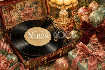 レコードとベルベットリボンの聖夜｜おしゃれなXmasメッセージカード・背景付き無料イラスト96654