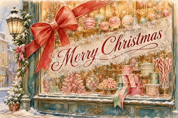 雪の街角とリボンの飾り窓｜おしゃれなMerry Christmasメッセージカード・背景付き無料イラスト96655