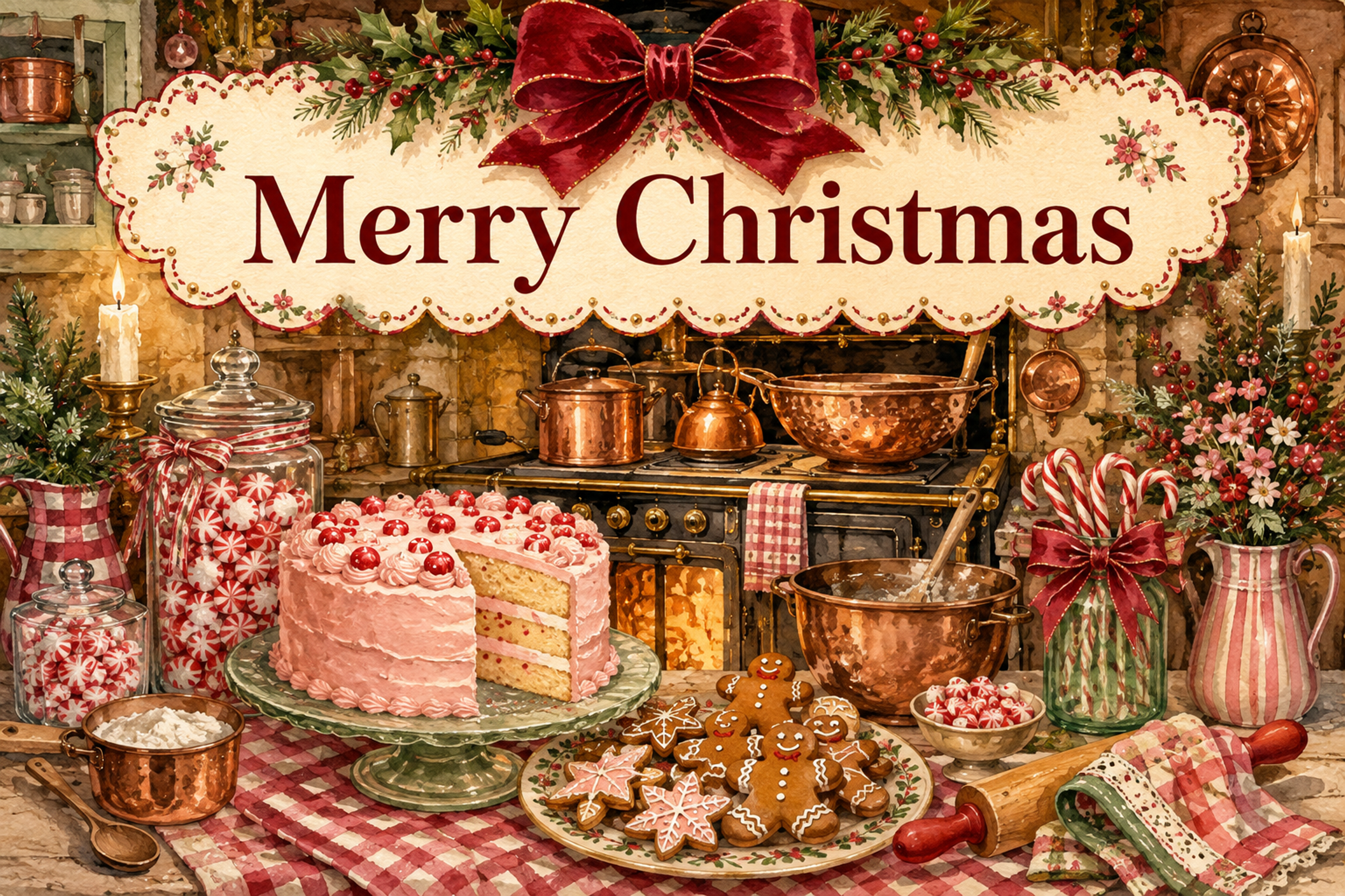お菓子を焼くレトロなクリスマスキッチン｜おしゃれなMerry Christmasメッセージカード・背景付き無料イラスト96656に写真・文字を入れる