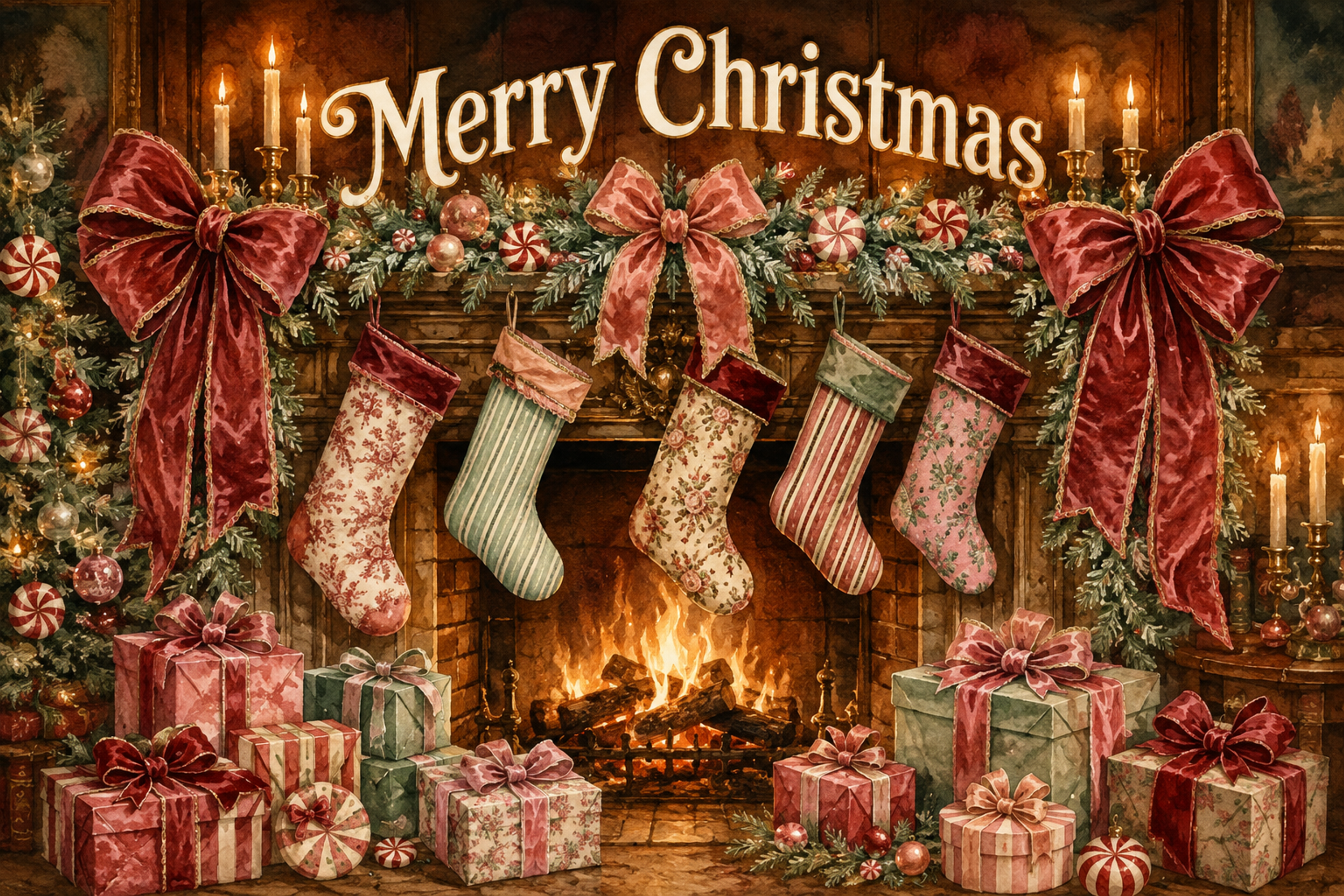 大きなリボンと暖炉のクリスマス｜おしゃれなMerry Christmasメッセージカード・背景付き無料イラスト96658に写真・文字を入れる