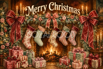大きなリボンと暖炉のクリスマス｜おしゃれなMerry Christmasメッセージカード・背景付き無料イラスト96658