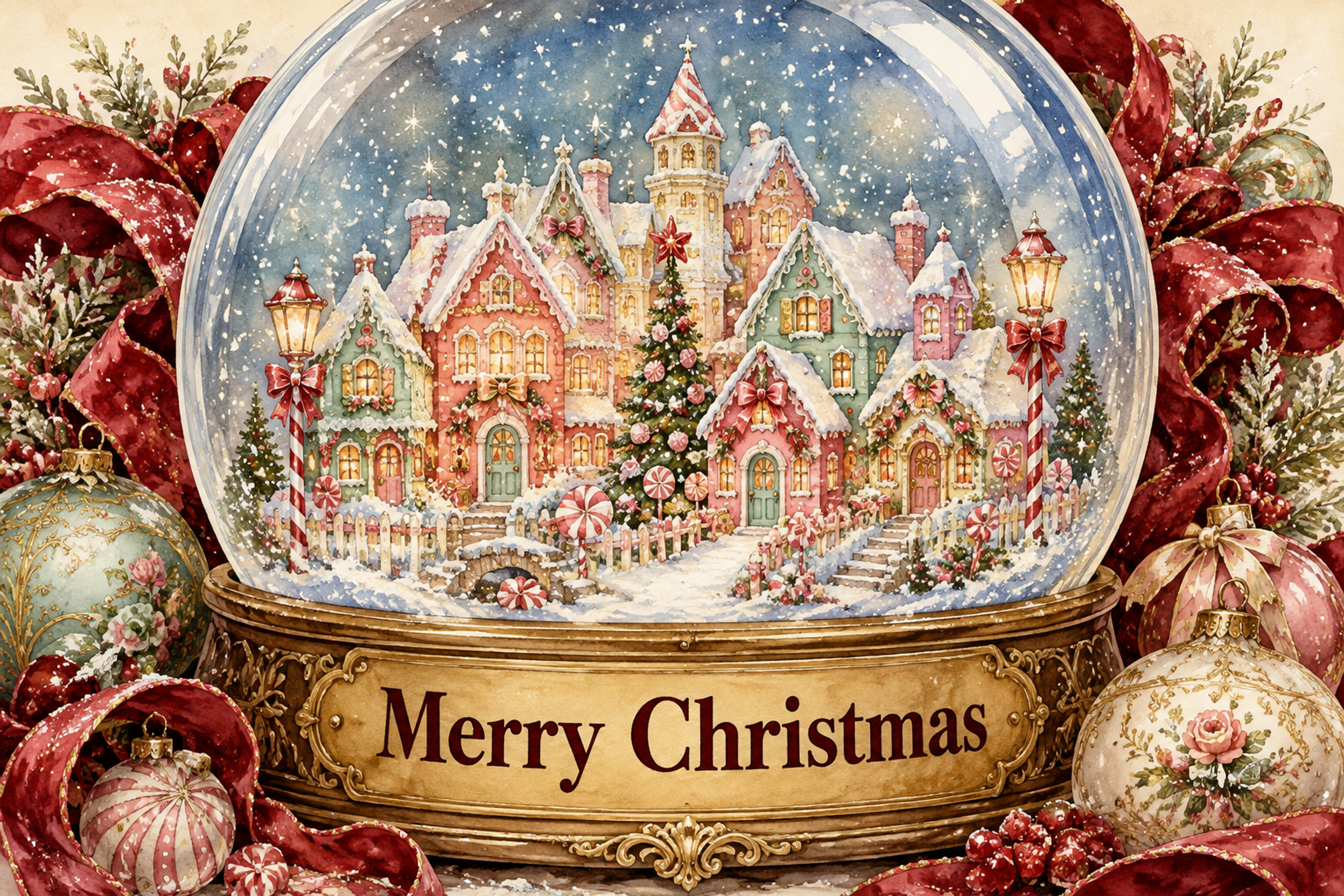 キャンディ色の雪の村スノードーム｜おしゃれなMerry Christmasメッセージカード・背景付き無料イラスト96660に写真・文字を入れる