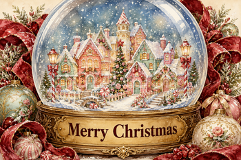 キャンディ色の雪の村スノードーム｜おしゃれなMerry Christmasメッセージカード・背景付き無料イラスト96660