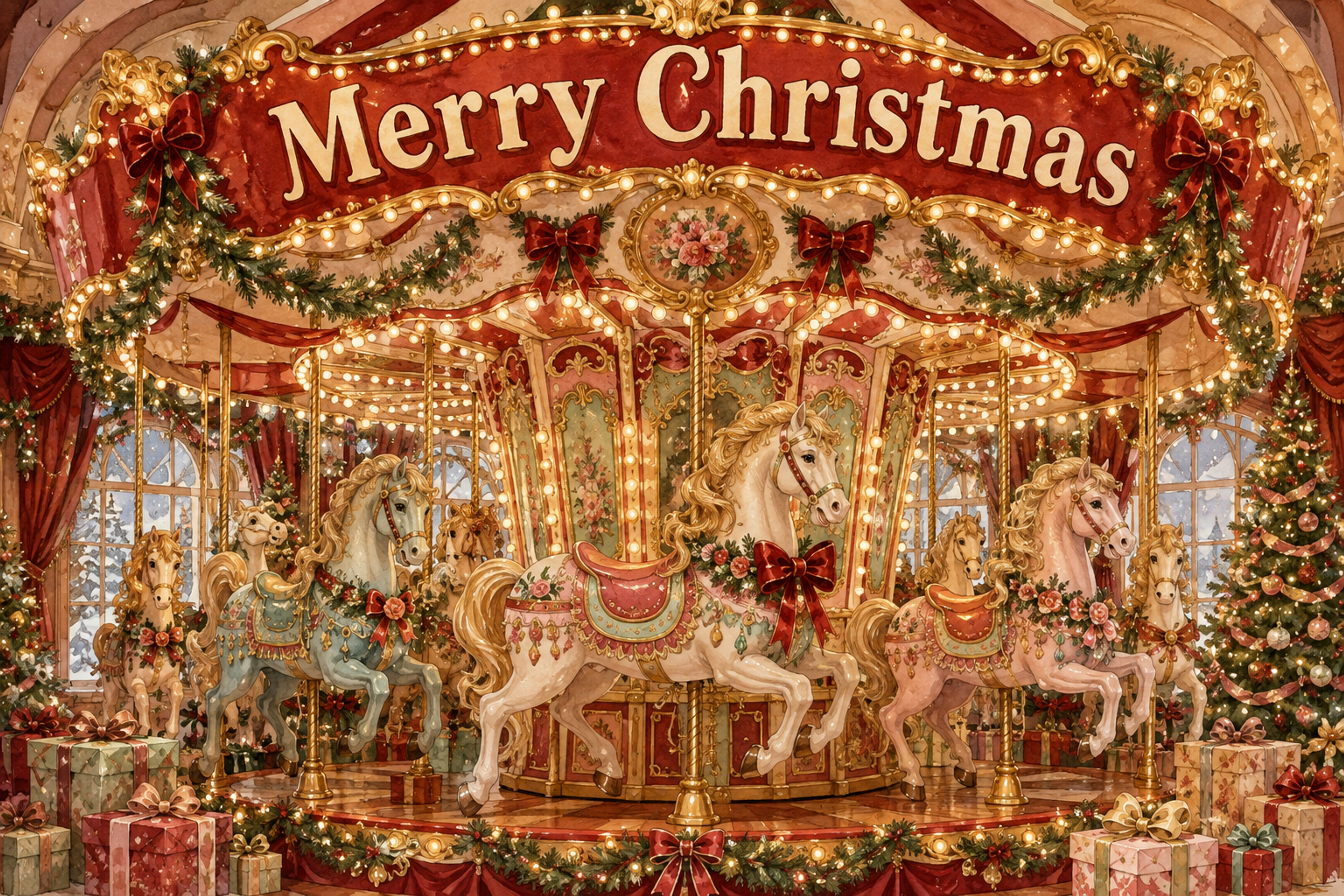 リボンで飾るクリスマスカルーセル｜おしゃれなMerry Christmasメッセージカード・背景付き無料イラスト96663に写真・文字を入れる