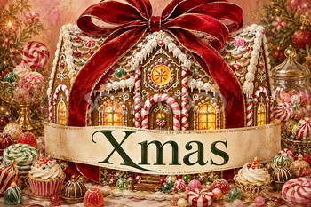 大きな赤いリボンのジンジャーブレッドハウス｜おしゃれなXmasメッセージカード・背景付き無料イラスト96664