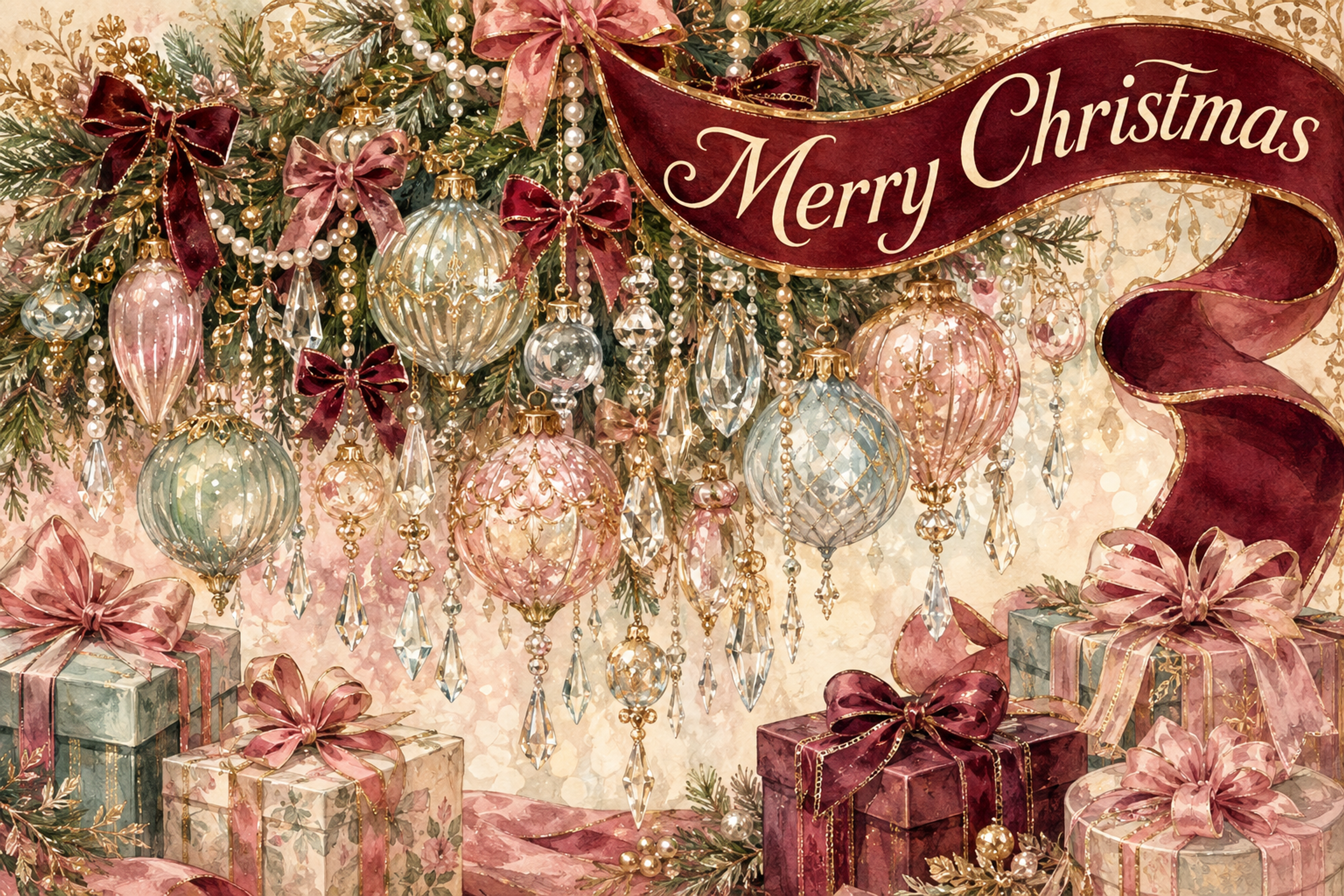 ガラス飾りとリボンのシャンデリア｜おしゃれなMerry Christmasメッセージカード・背景付き無料イラスト96665に写真・文字を入れる