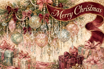 ガラス飾りとリボンのシャンデリア｜おしゃれなMerry Christmasメッセージカード・背景付き無料イラスト96665