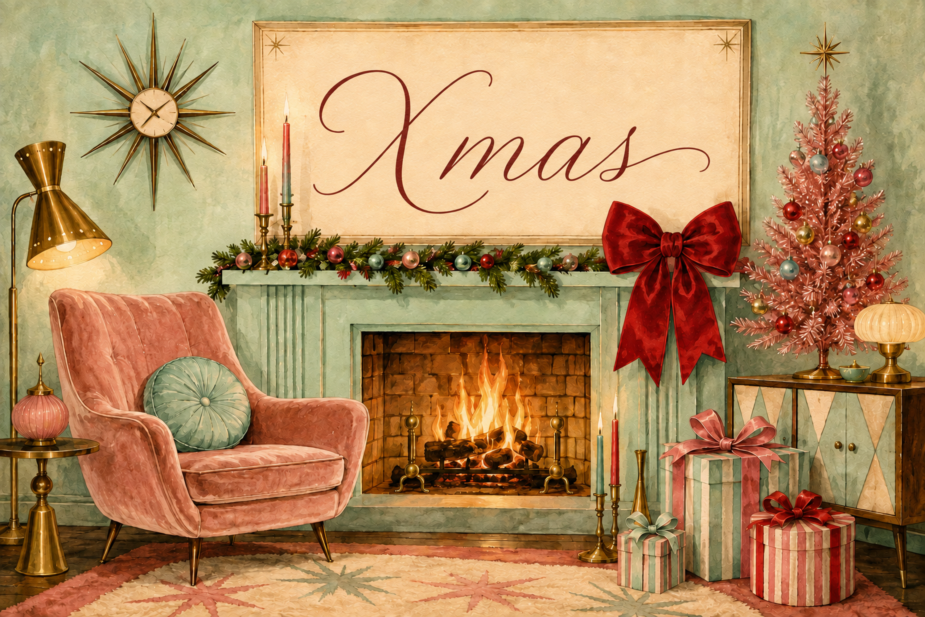 ミント色の暖炉があるレトロな部屋｜おしゃれなXmasメッセージカード・背景付き無料イラスト96666に写真・文字を入れる