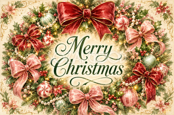 大きなリボンのキャンディカラーリース｜おしゃれなMerry Christmasメッセージカード・背景付き無料イラスト96667