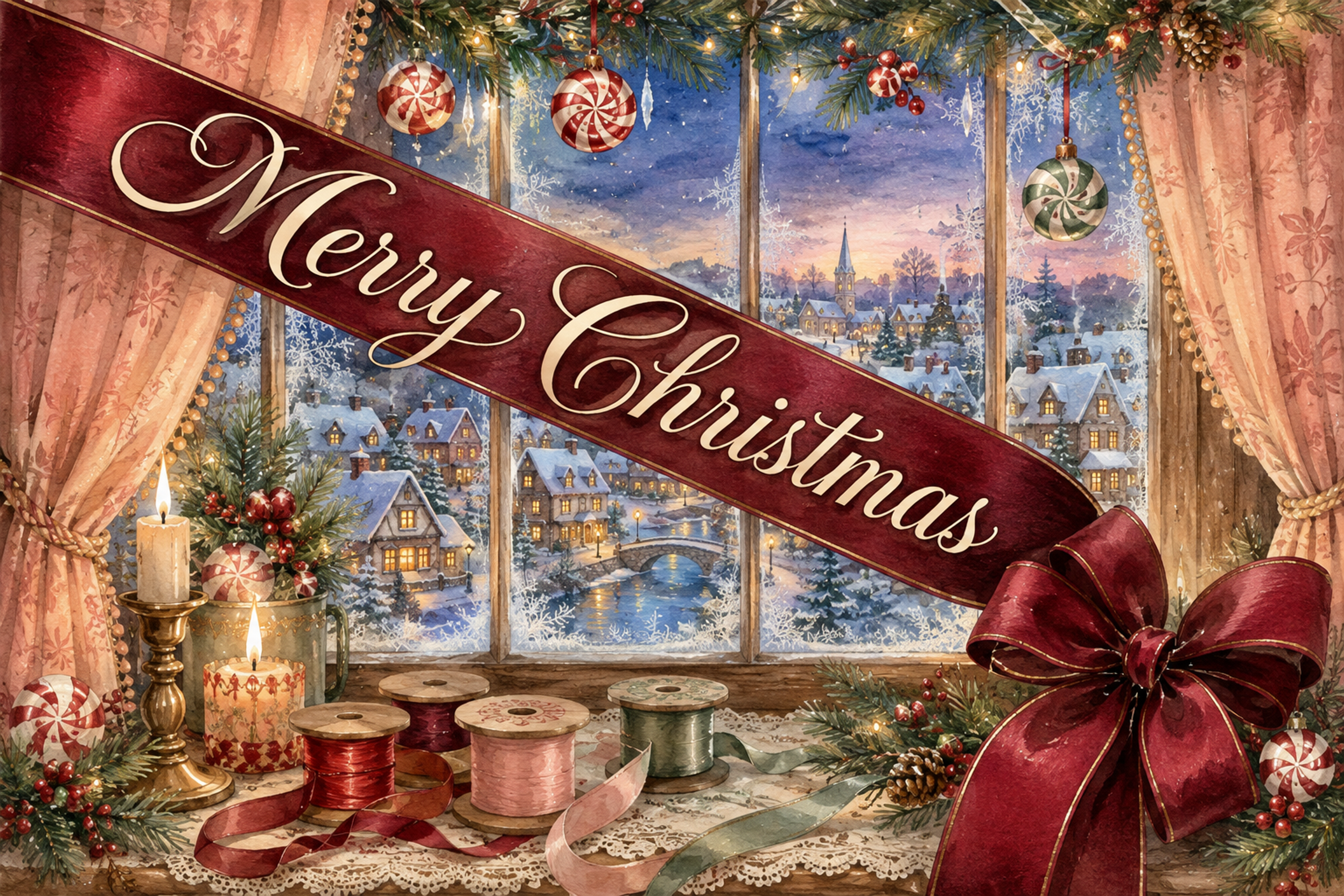 雪の村を望む窓辺とベルベットリボン｜おしゃれなMerry Christmasメッセージカード・背景付き無料イラスト96669に写真・文字を入れる