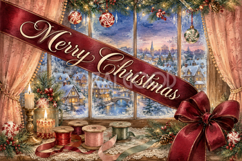雪の村を望む窓辺とベルベットリボン｜おしゃれなMerry Christmasメッセージカード・背景付き無料イラスト96669