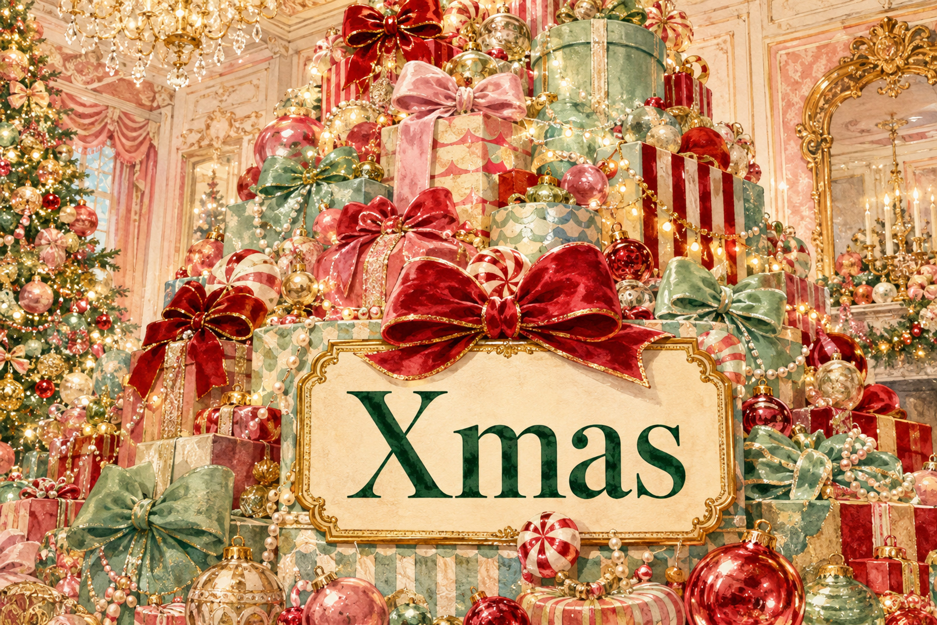 大きなリボンのプレゼントタワー｜おしゃれなXmasメッセージカード・背景付き無料イラスト96670に写真・文字を入れる