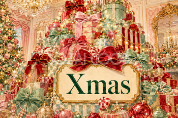大きなリボンのプレゼントタワー｜おしゃれなXmasメッセージカード・背景付き無料イラスト96670