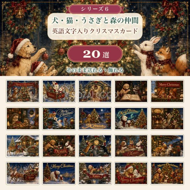 犬・猫・うさぎのクリスマスメッセージカード20選・シリーズ6｜かわいい動物の背景イラスト96671