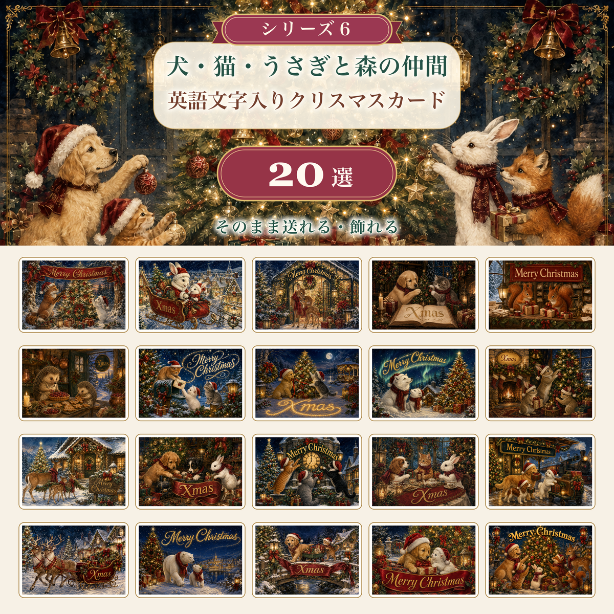 犬・猫・うさぎのクリスマスメッセージカード20選・シリーズ6｜かわいい動物の背景イラスト96671に写真・文字を入れる