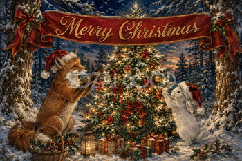 キツネとうさぎが飾るツリー｜Merry Christmasのクリスマスメッセージカード・背景イラスト96672