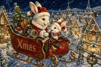 白いうさぎ親子と赤いそり｜Xmasのクリスマスメッセージカード・背景イラスト96673
