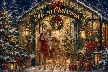 鹿の親子と光る温室｜Merry Christmasのクリスマスメッセージカード・背景イラスト96674