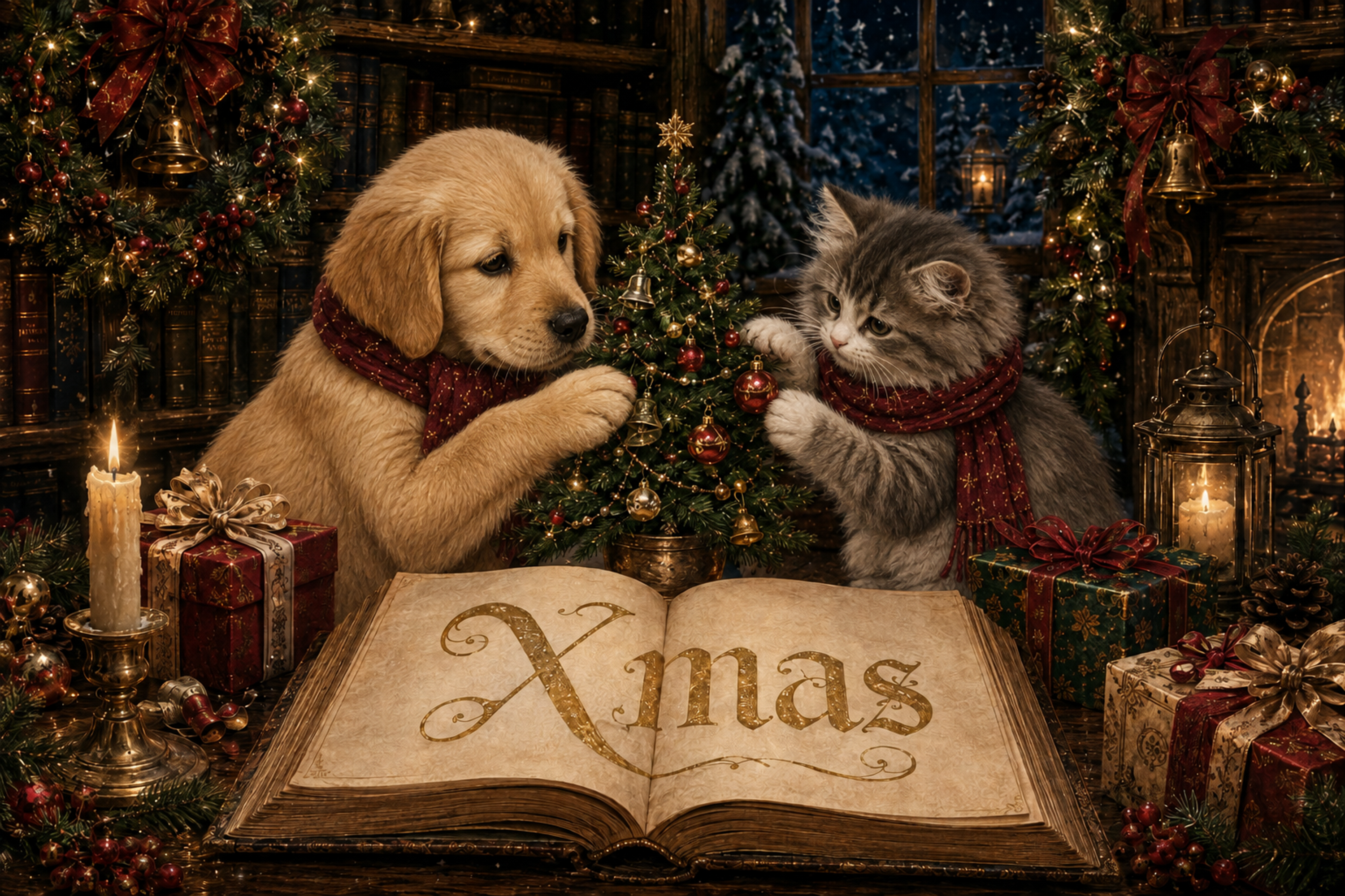 子犬と猫のクリスマス図書室｜Xmasのメッセージカード・背景イラスト96675に写真・文字を入れる