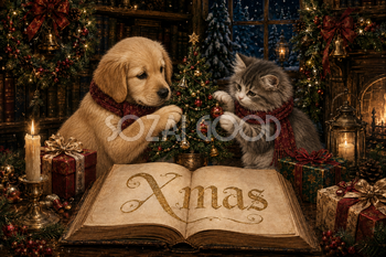 子犬と猫のクリスマス図書室｜Xmasのメッセージカード・背景イラスト96675