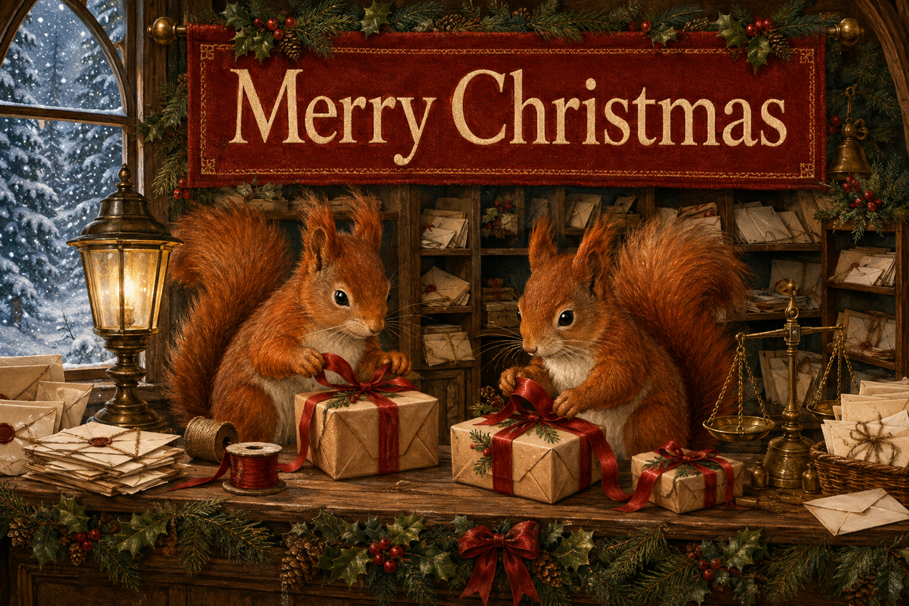 贈り物を包むリスの郵便局｜Merry Christmasのメッセージカード・背景イラスト96676に写真・文字を入れる