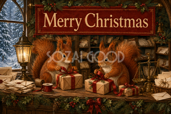 贈り物を包むリスの郵便局｜Merry Christmasのメッセージカード・背景イラスト96676