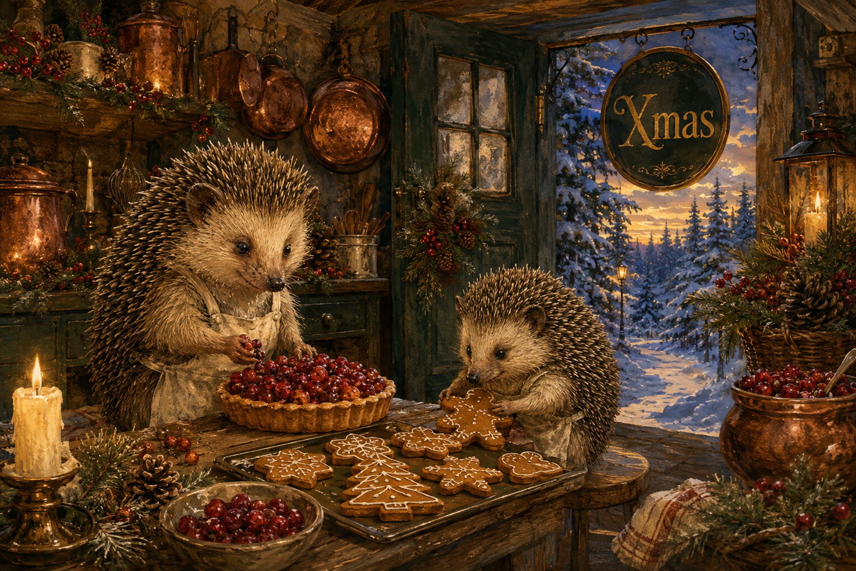 ハリネズミのクリスマス菓子店｜Xmasのメッセージカード・背景イラスト96677に写真・文字を入れる